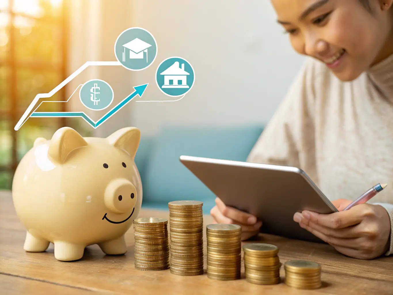 An image of a piggy bank, investment charts, and a person analyzing financial data on a laptop, representing savings and investment strategies.
