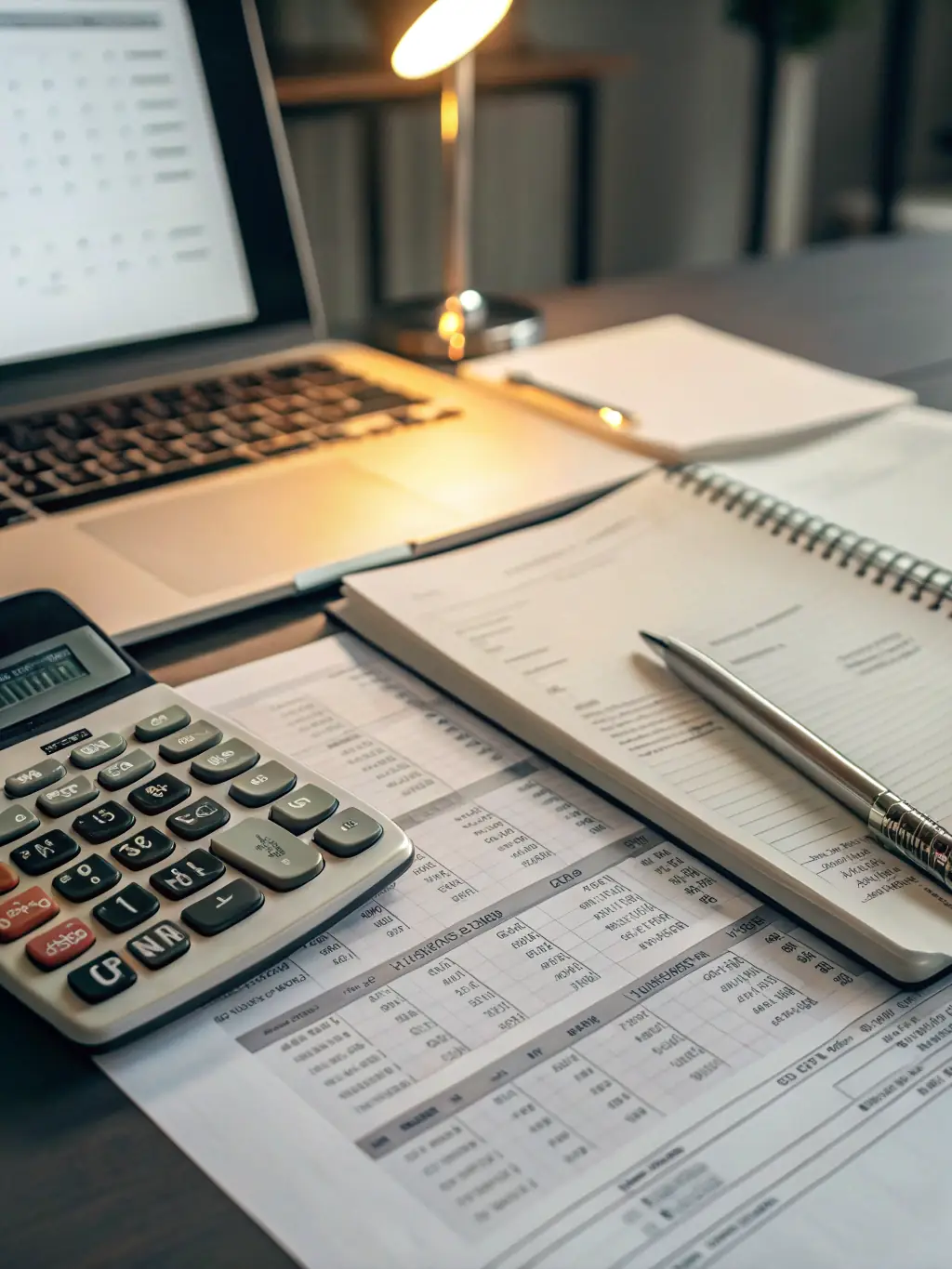 An image of a person reviewing tax documents with a calculator and financial charts in the background, representing OPTIMISEFISC's expertise in taxation guidance.