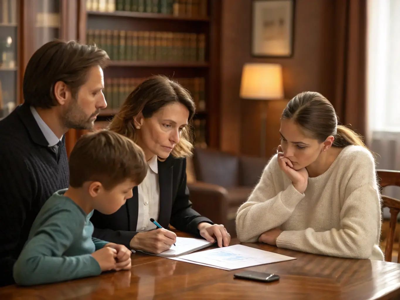 An image of a family reviewing property plans and a retirement account statement, illustrating wealth management.