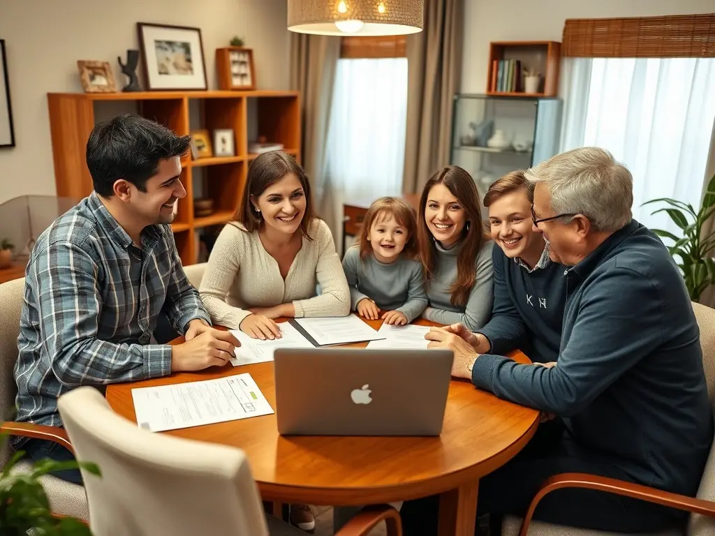 An image of a family reviewing property plans and a retirement account statement, illustrating wealth management.
